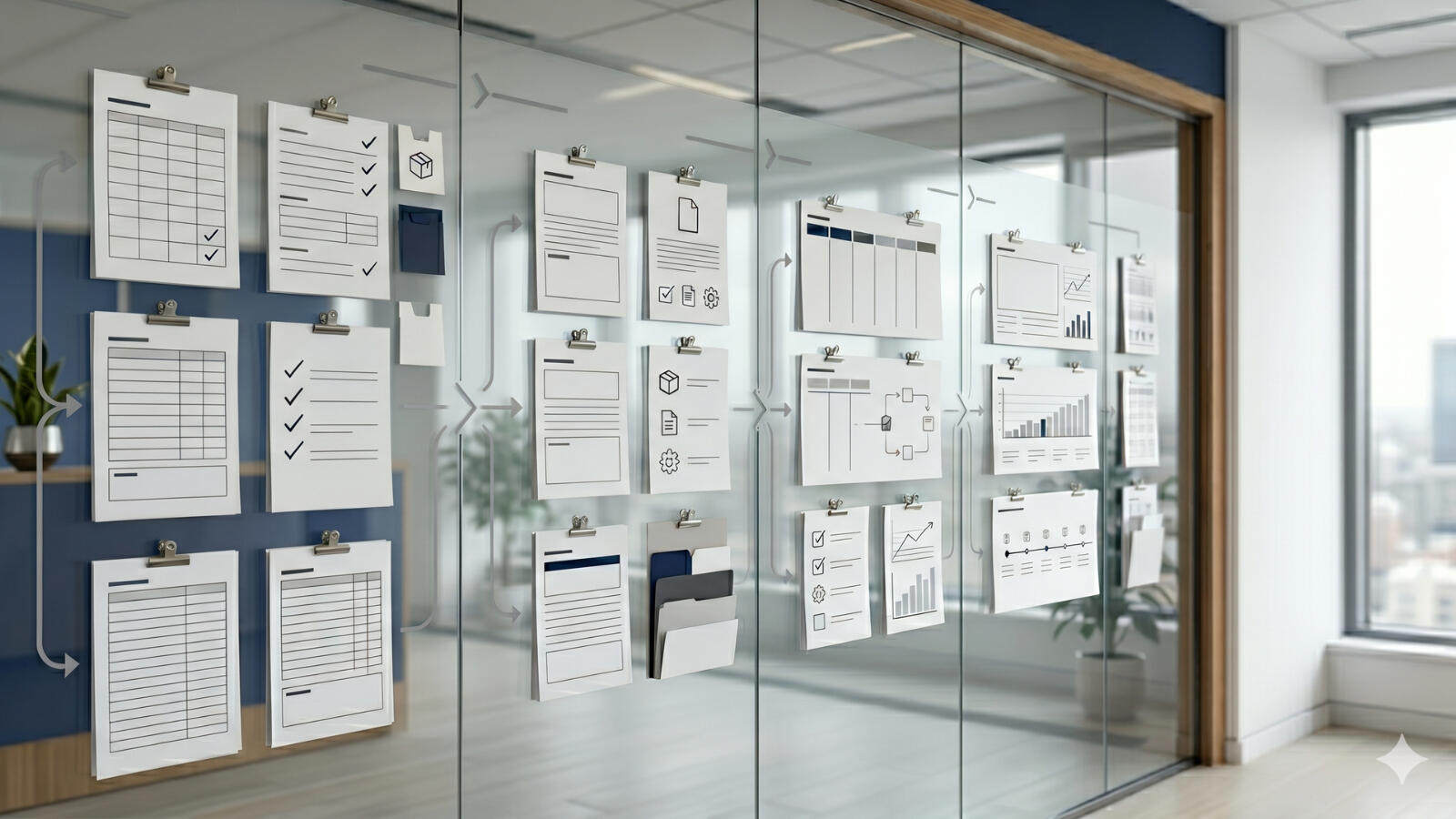 Professional operations workflow wall with documents, checklists, charts, and connected process materials representing organized marketplace preparation.