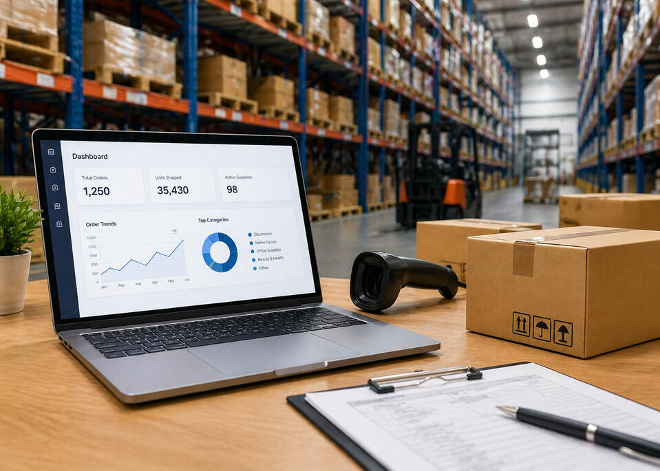 Warehouse with inventory boxes, laptop, scanner, and operational documents representing digital wholesale distribution and marketplace preparation.
